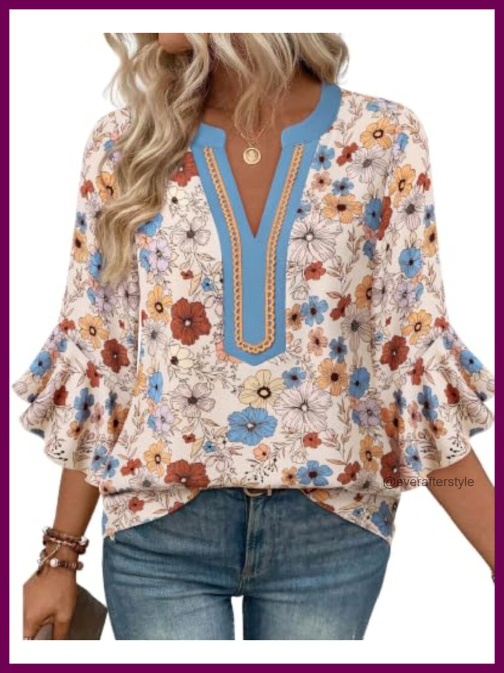 Chiffon Ruffle 3/4 Sleeve Blouse V-Neck Pullover Top